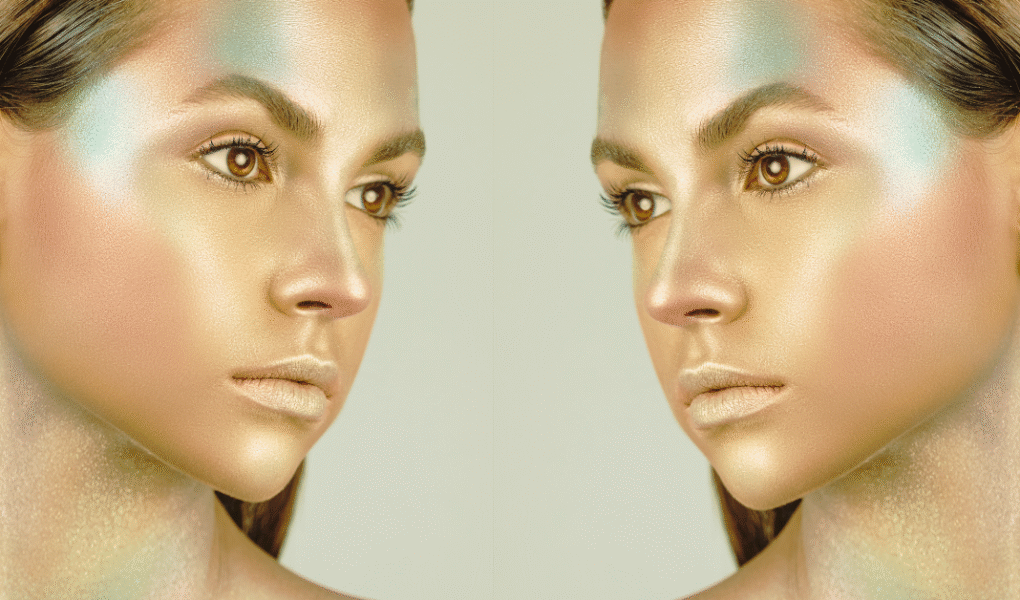 Editorial photo featuring pearl-toned highlighter with glass-skin finish