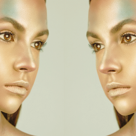 Editorial photo featuring pearl-toned highlighter with glass-skin finish