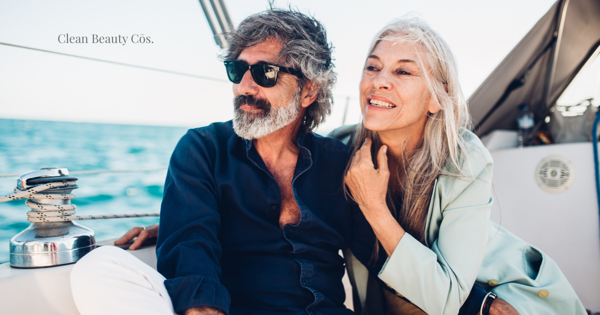 An editorial lifestyle portrait of an older man and woman reflecting the beauty marketing longevity shift away from anti-aging.