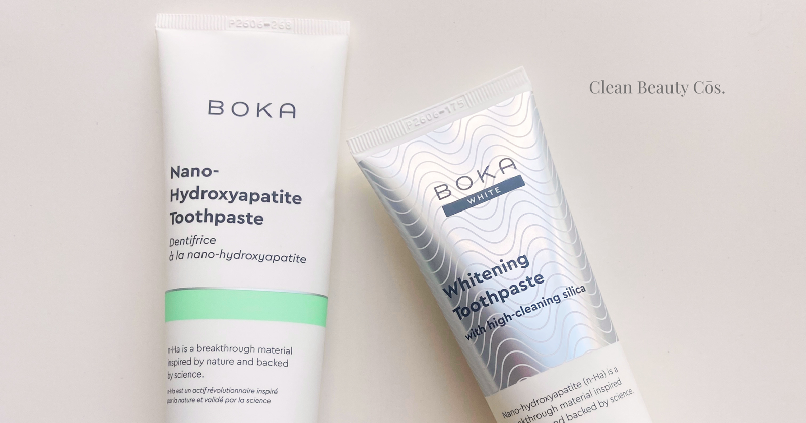 Boka vs Apagard: Boka nano-hydroxyapatite and Boka White whitening toothpaste tubes