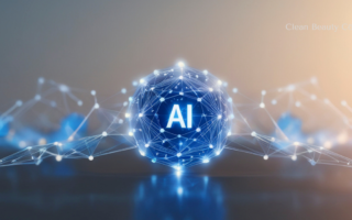A gray blue digital background featuring abstract technology lines, glowing nodes, and the letters AI centered in the middle to represent artificial intelligence in cosmetic advertising.