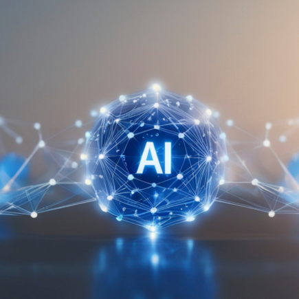 A gray blue digital background featuring abstract technology lines, glowing nodes, and the letters AI centered in the middle to represent artificial intelligence in cosmetic advertising.