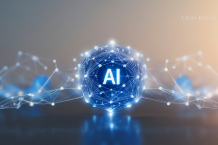 A gray blue digital background featuring abstract technology lines, glowing nodes, and the letters AI centered in the middle to represent artificial intelligence in cosmetic advertising.