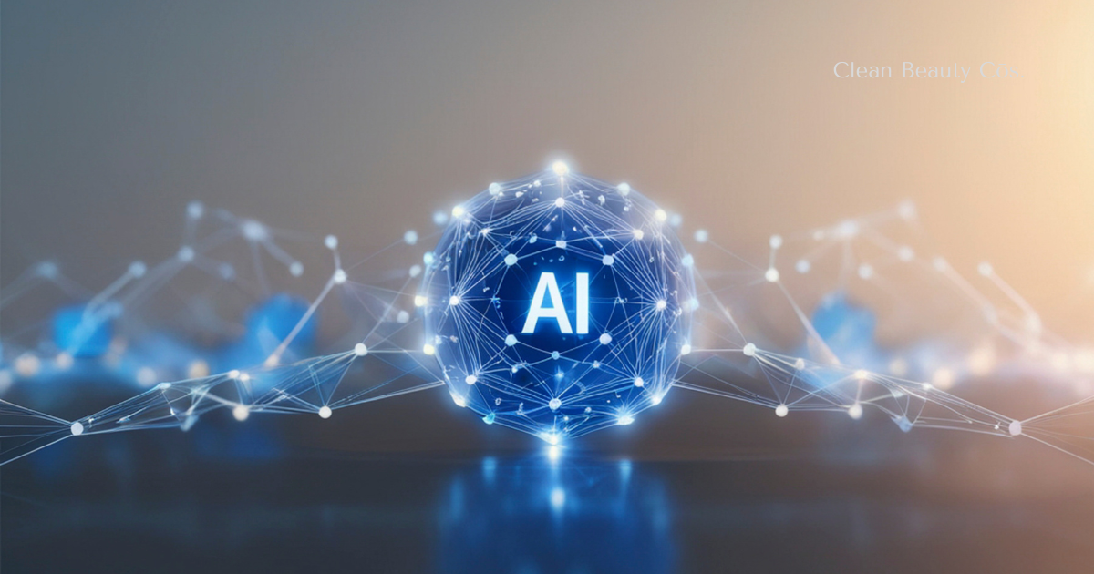 A gray blue digital background featuring abstract technology lines, glowing nodes, and the letters AI centered in the middle to represent artificial intelligence in cosmetic advertising.